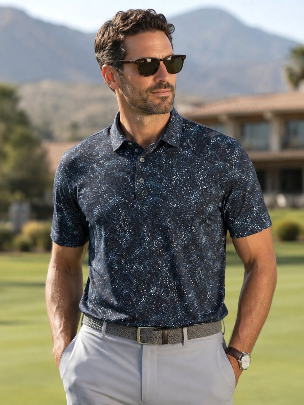 Ben Hogan Men's Performance Golf Polo Shirt Blue White Speckled Stretch Small